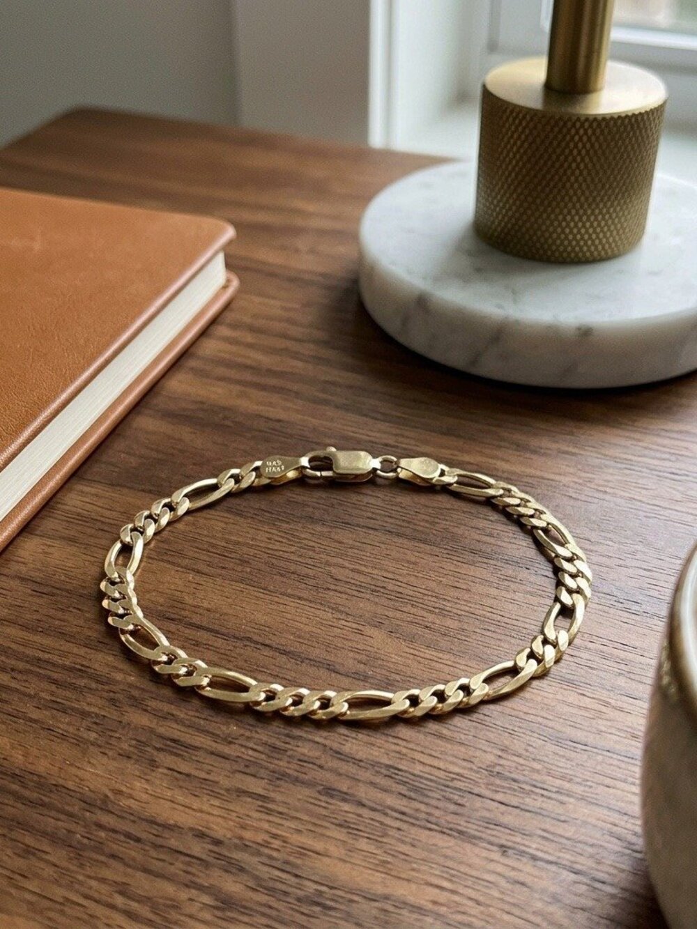 Gold Figaro Chain Bracelet 18K Gold Over 925 Sterling Silver 5mm Italian